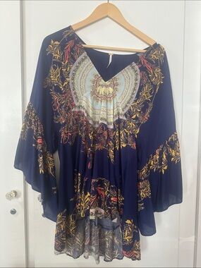 Free People Navy Floral Boho Peasant Blouse
